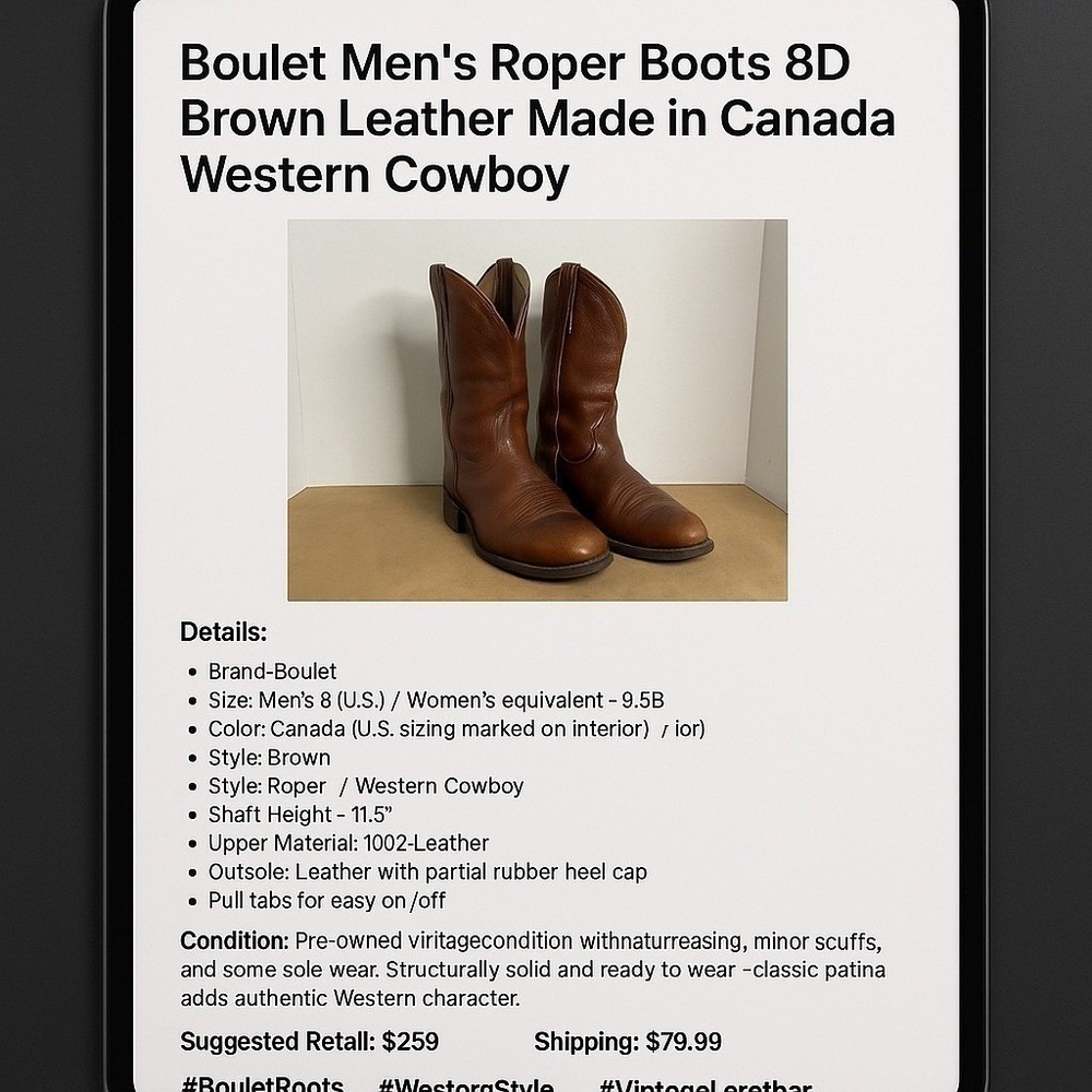 Boulet Mens Roper Boots 8D Brown Leather Western Cowboy Made in‎ Canada